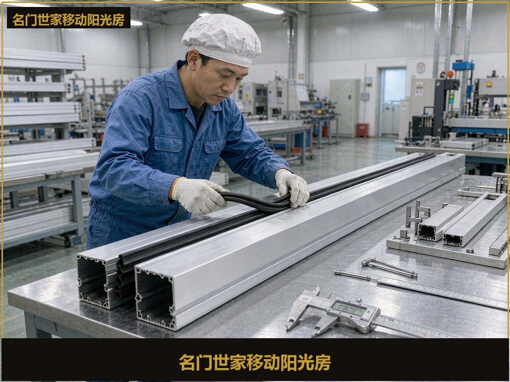 源头工厂车间工人对6063-T5型材穿密封胶条质检