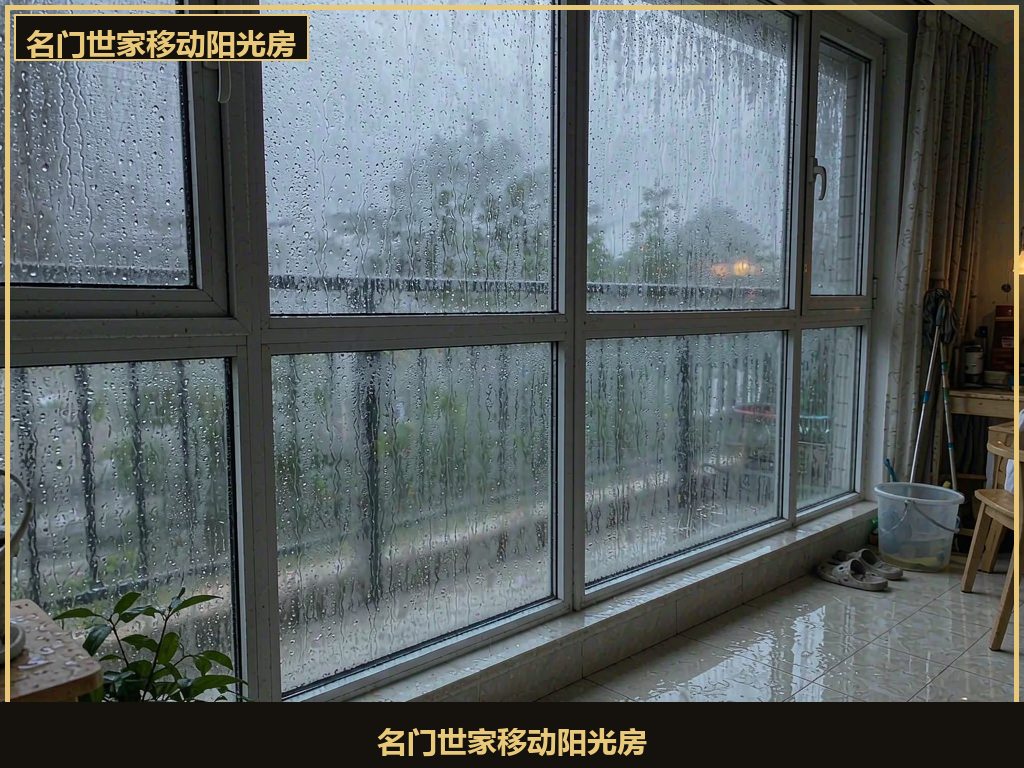 华南回南天庭院移动阳光房玻璃内侧挂满水珠、地板返潮实景